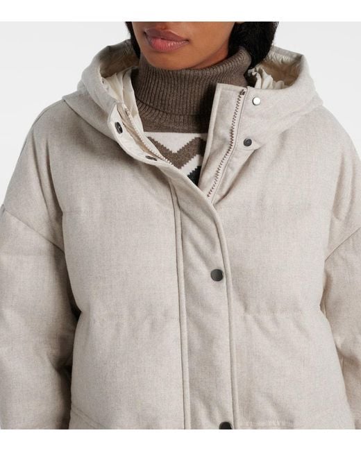 Brunello Cucinelli Gray Leather-Trimmed Wool Down Coat