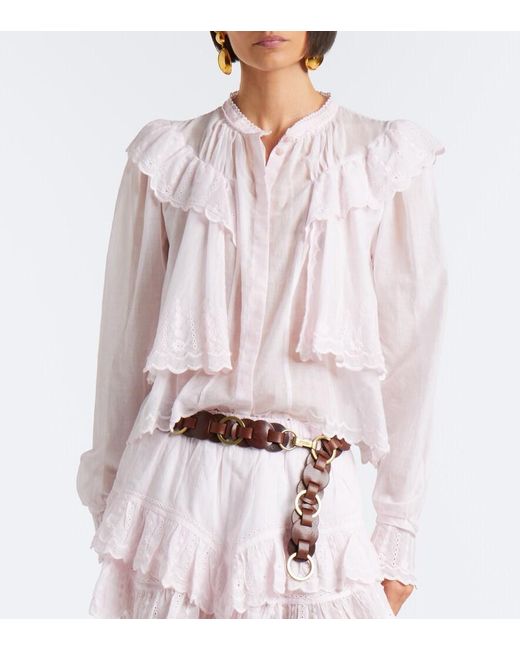 Isabel Marant Pink Kelmon Embroidered Ruffled Cotton Blouse