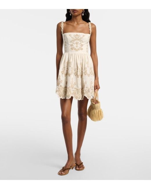 Agua Bendita Natural Mielero Embroidered Linen Minidress
