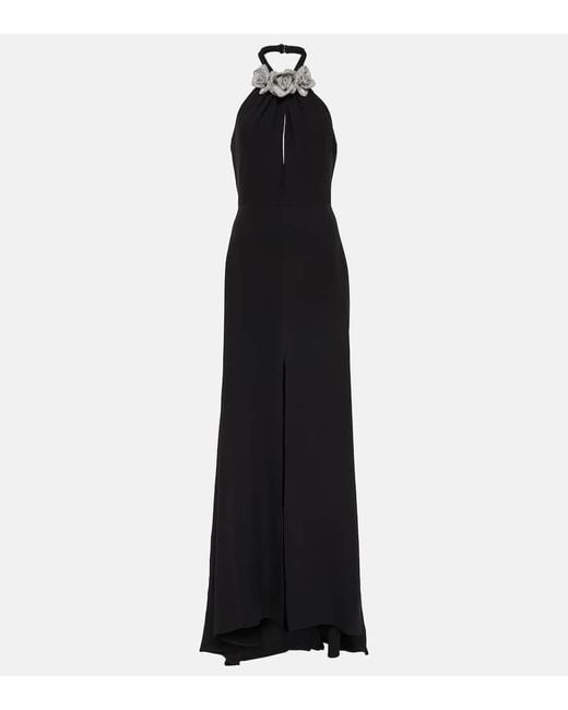 Valentino Black Floral-applique Cutout Front-slit Gown
