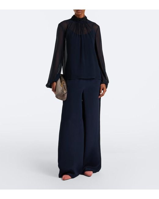 Max Mara Blue Embellished Sheer Blouse