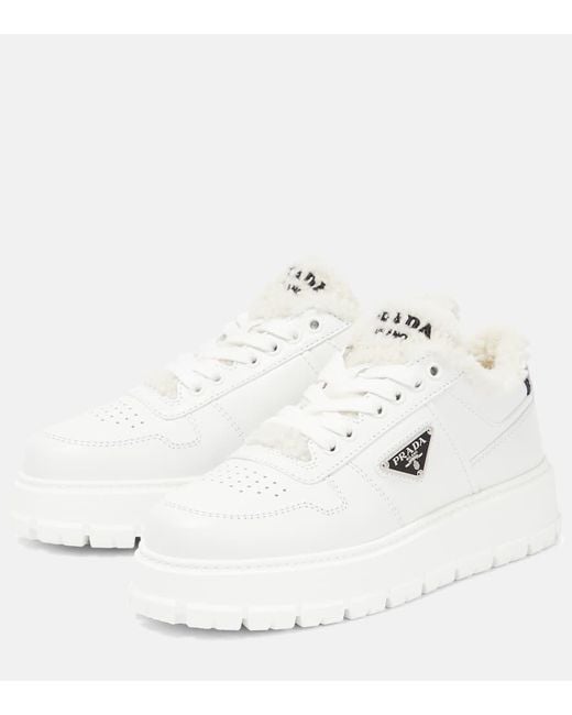 Prada White Shearling-Detail Low-Top Sneakers