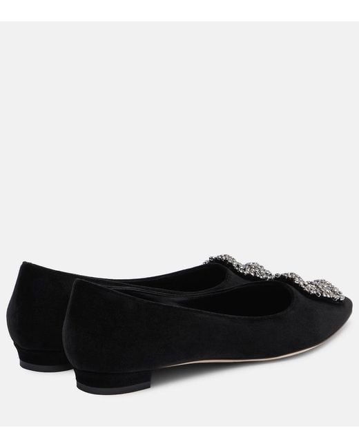Manolo Blahnik Black Hangisi Embellished Velvet Ballet Flats