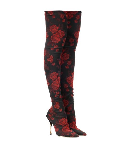 Dolce & Gabbana Red Floral-printed Over-the-knee Boots