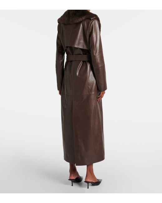 Nour Hammour Brown Dakota Shearling-Trimmed Leather Trench Coat