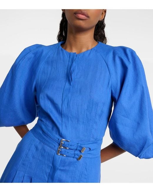 Gabriela Hearst Blue Elea Puff-Sleeve Linen Maxi Dress