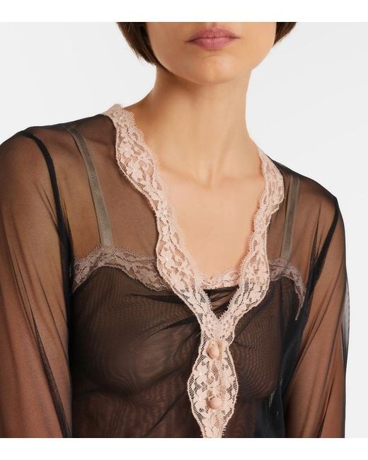 Valentino Gray Lace-Trimmed Sheer Mesh Cardigan