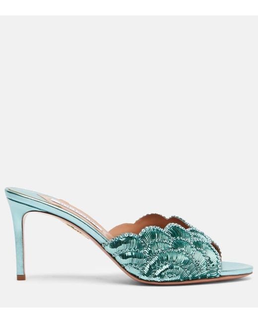 Aquazzura Green Ce Soir 75 Sequined Metallic Leather Mules