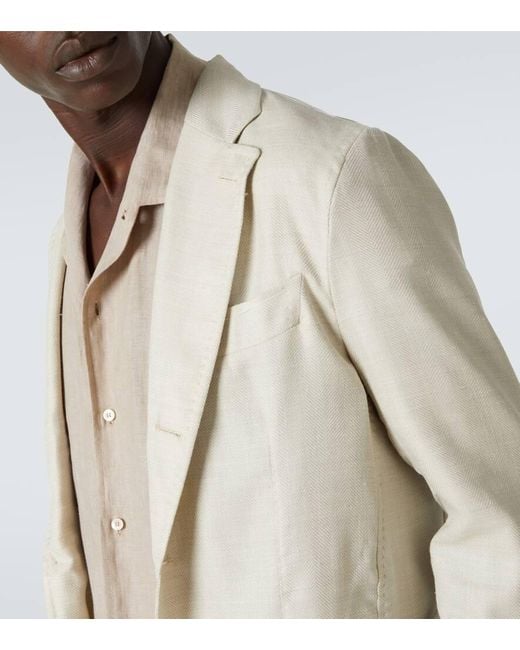 Rubinacci Natural Herringbone Wool, Silk, And Linen Blazer for men