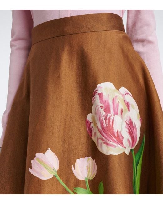 Oscar de la Renta Brown Floral Cotton-Blend Midi Skirt