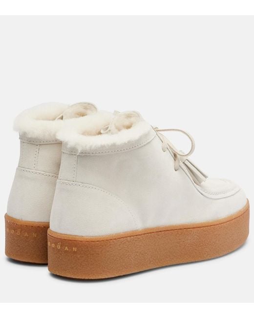 Hogan White Shearling-Trimmed Suede Ankle Boots