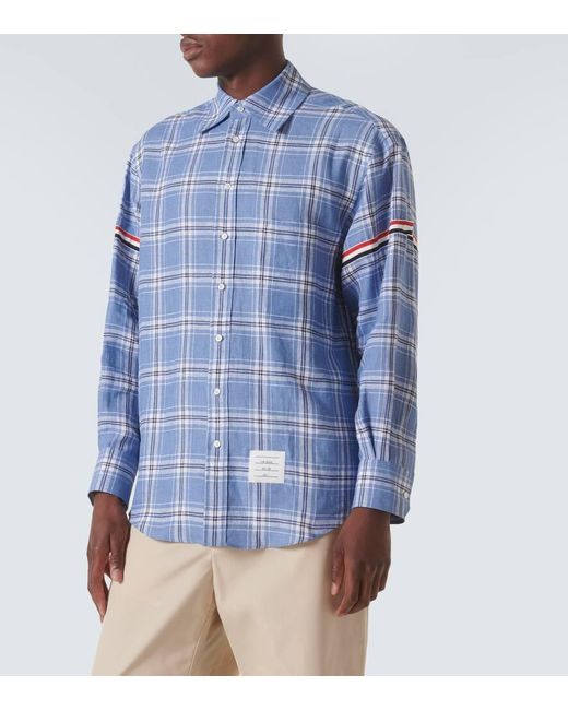 Camisa de lino a cuadros con RWB Stripe Thom Browne de hombre de color Blue