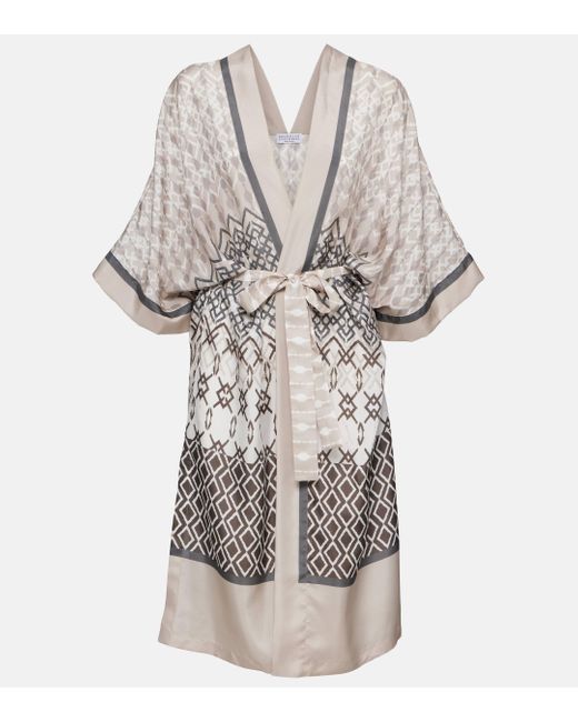 Kimono imprime en soie Brunello Cucinelli en coloris Gray