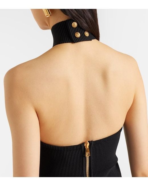 Balmain Blue Cutout Ribbed-Knit Gown