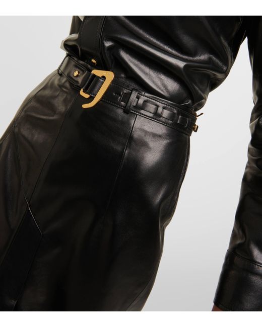 Tom Ford Black Belted Leather Midi Skirt