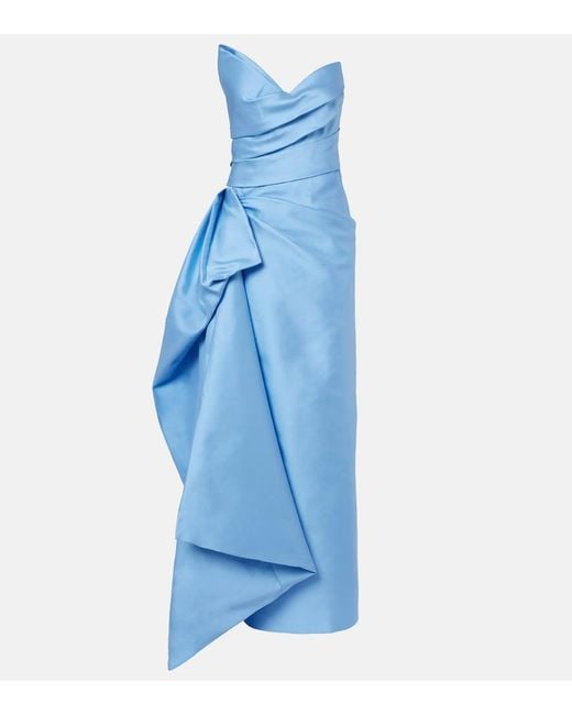 Monique Lhuillier Blue Draped Asymmetric Bustier Gown