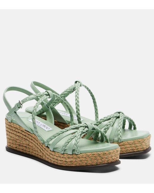 Jimmy Choo Green Nyra Braided Leather Espadrille Wedges