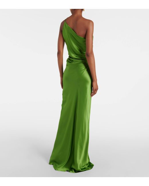 The Sei Green One-Shoulder Ruched Silk Satin Gown