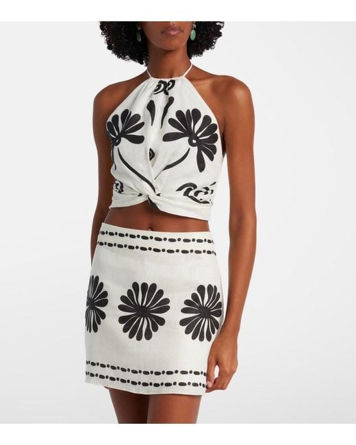 Cala De La Cruz White Lodi Floral Halterneck Linen Top