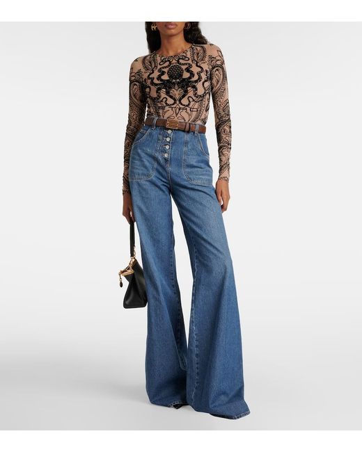 Top in tulle con stampa di Etro in Brown