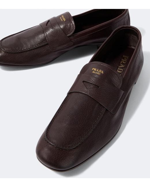Prada Brown Logo Leather Penny Loafers for men