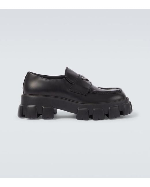 Prada Black Logo Leather Platform Loafers for men
