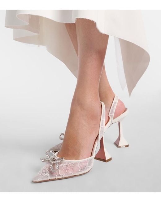 AMINA MUADDI White Rosie Embellished Lace Slingback Pumps