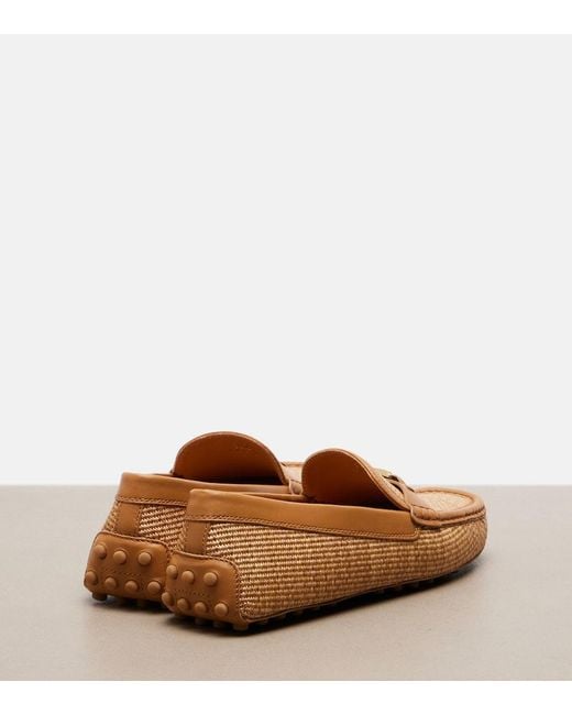 Tod's Brown Gommino Leather-Trimmed Raffia Loafers