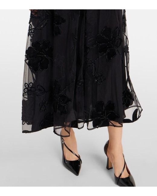 Elie Saab Black Embroidered Tulle And Velvet Midi Dress