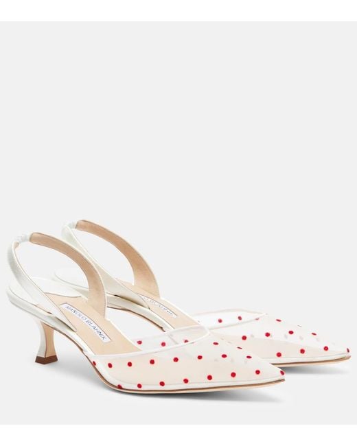 Manolo Blahnik Natural Carolyne 50 Polka-Dot Mesh Slingback Pumps