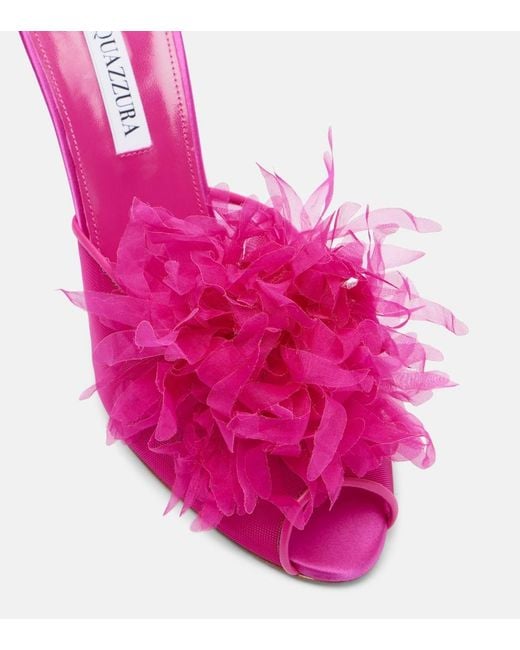 Aquazzura Pink Poeme Floral-Applique Mesh Mules