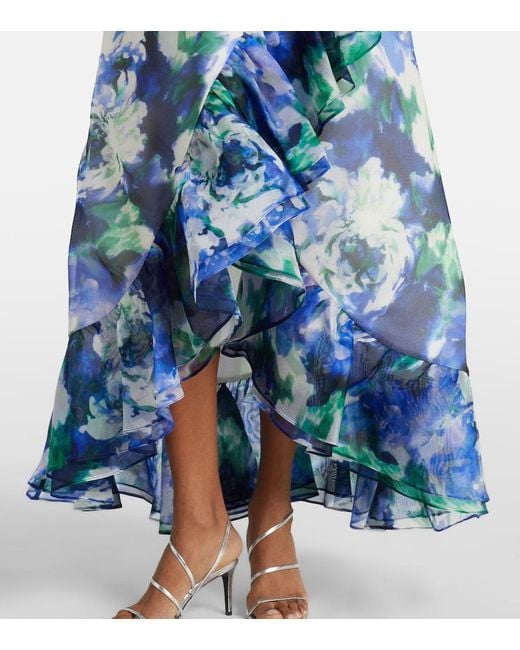 Costarellos Blue Carmea Floral Silk Organza Maxi Dress