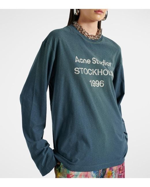 Acne Blue Logo Distressed Cotton-Blend Jersey T-Shirt