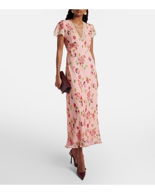 Rixo Pink Clarice Floral Lace-Trimmed Midi Dress