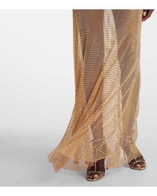 Self-Portrait Natural Rhinestone-Embellished Fishnet-Texture Stretch-Woven Maxi Skirt