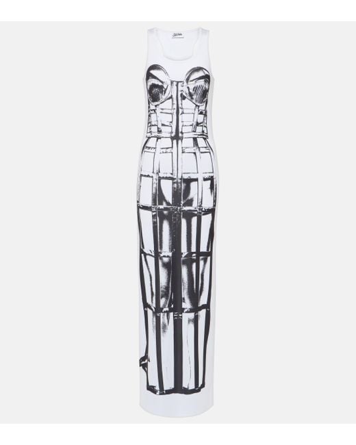 Jean Paul Gaultier White Cage Trompe 'Œil Print Long Dress
