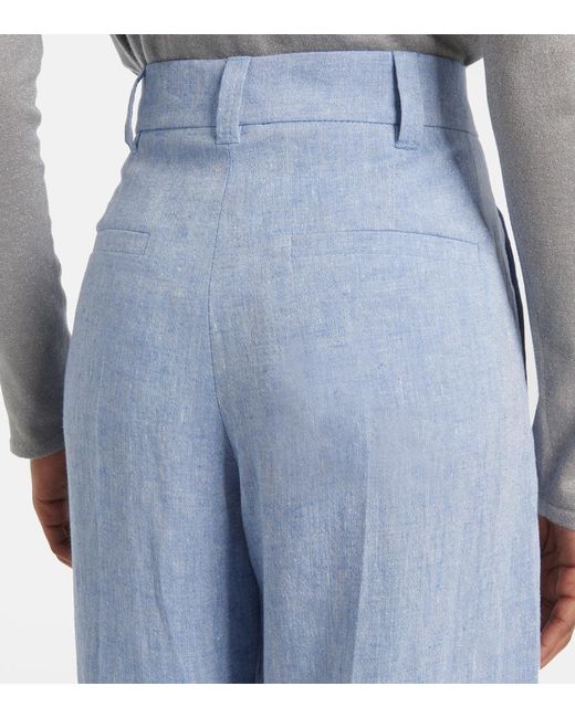 Brunello Cucinelli Blue High-Rise Linen-Blend Wide-Leg Pants