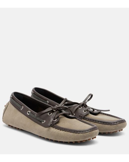 Brunello Cucinelli Brown Monili Leather-Trimmed Suede Boat Shoes