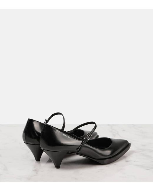 Prada Black Logo Brushed Leather Mary Jane Pumps