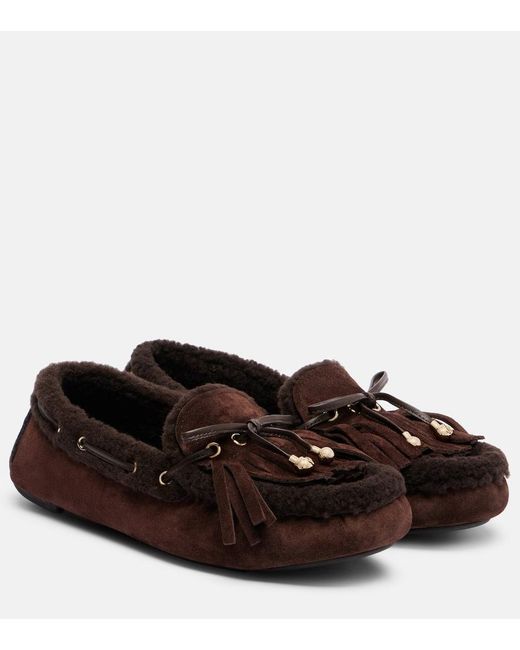 Jimmy Choo Brown Manon Shearling-Trimmed Suede Boat Shoes