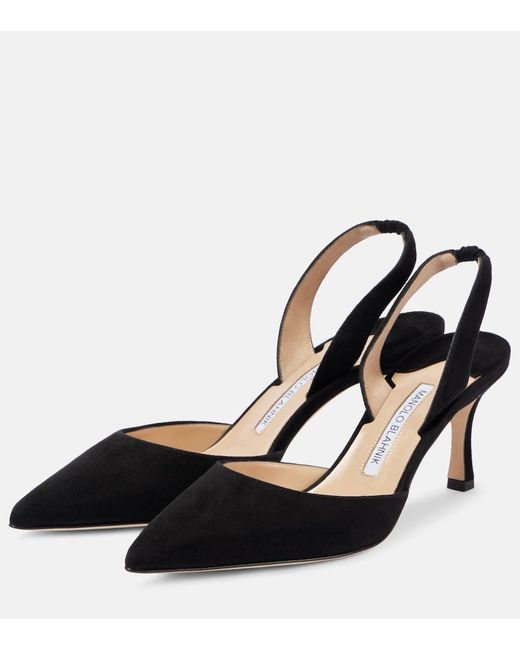 Manolo Blahnik Black Carolyne 70 Suede Slingback Pumps
