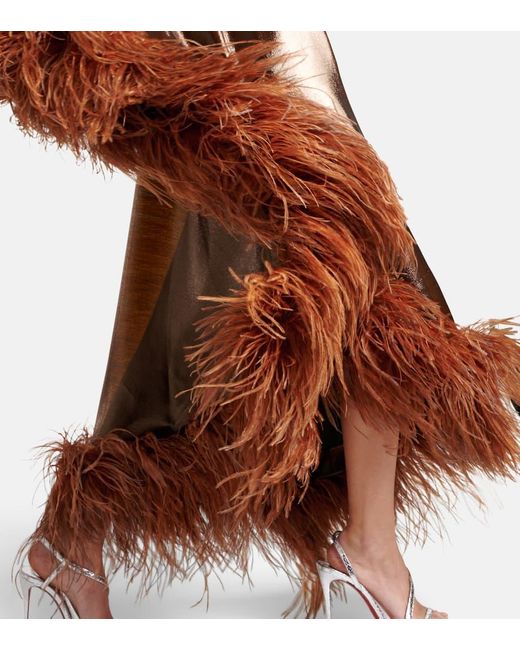 ‎Taller Marmo Brown Feather-trim Ubud Fantasma Maxi Dress