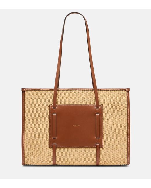 DeMellier London Brown Capri Leather-Trimmed Raffia Tote Bag