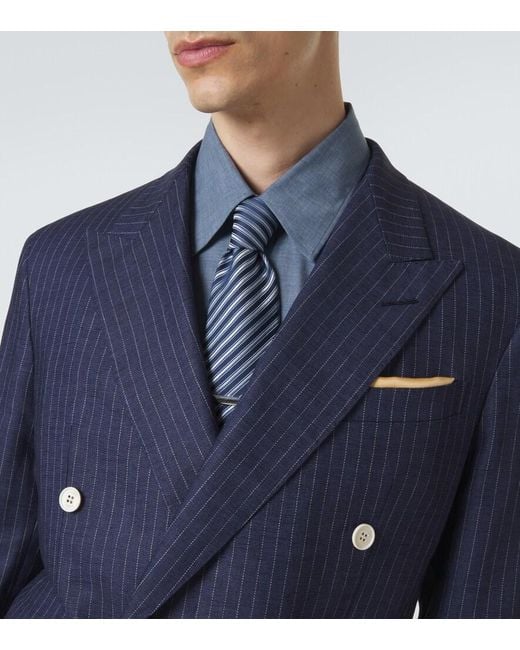 Dunhill Blue Pinstripe Double-Breasted Linen Blazer for men