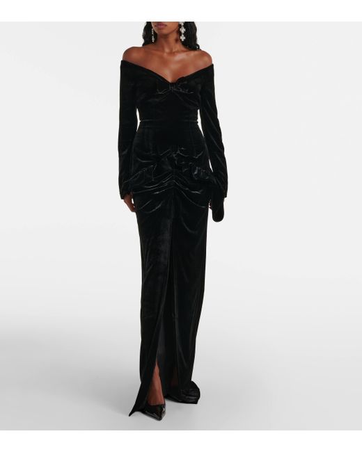 Alessandra Rich Black Bow-Detail Off-Shoulder Velvet Gown