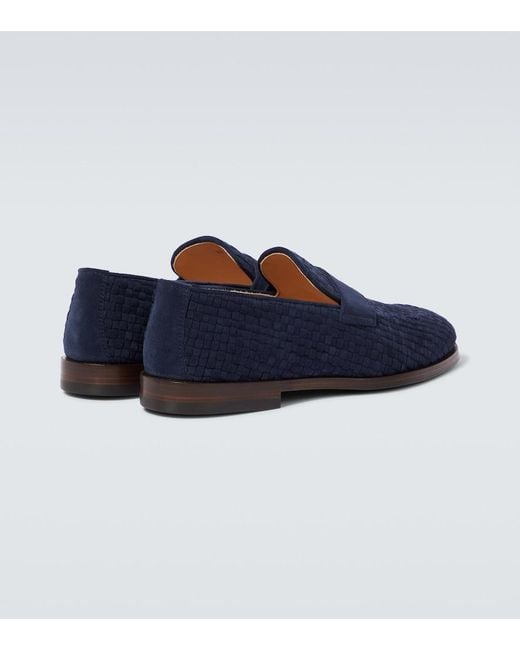 Brunello Cucinelli Blue Woven Suede Penny Loafers for men