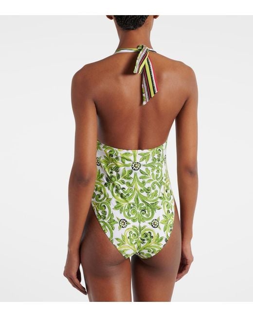 Dolce & Gabbana Green Printed Halterneck Swimsuit