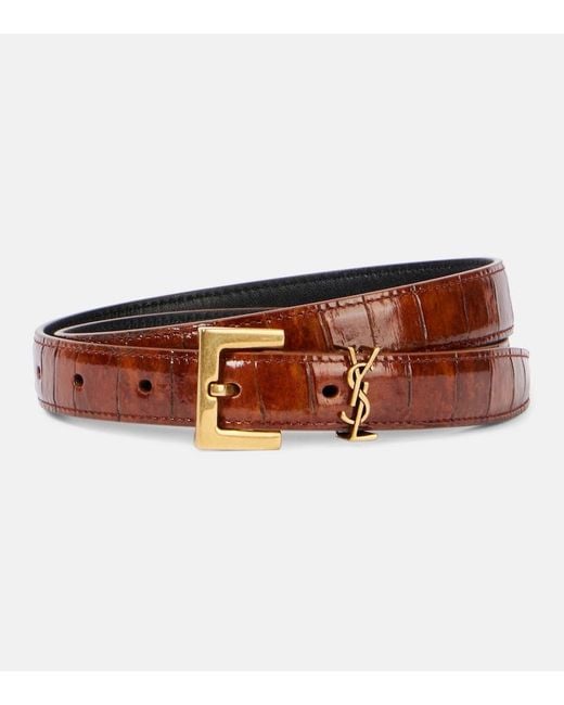 Saint Laurent Brown Cassandre Croc-Effect Leather Belt