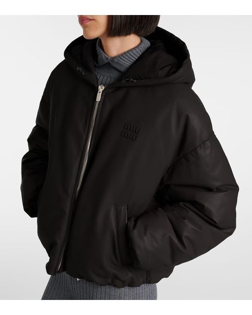 Miu Miu Black Logo Leather Puffer Jacket
