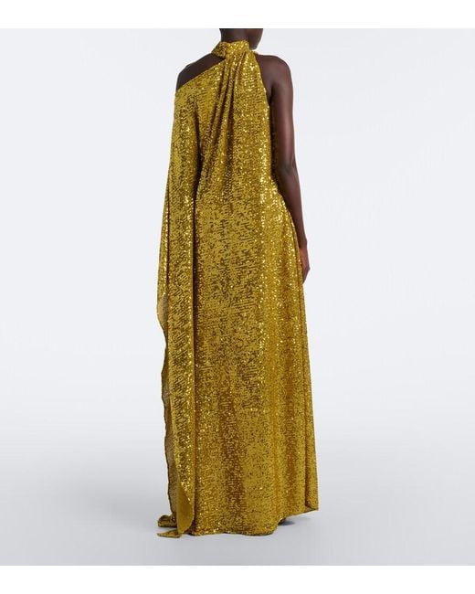 Taller Marmo Yellow Atlas Disco Sequined One-Shoulder Gown